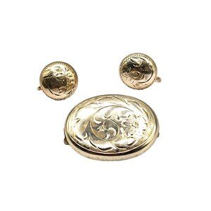 Antique Burkhardt Birks Demi Parure Sterling Silver engraved Brooch and Earrings